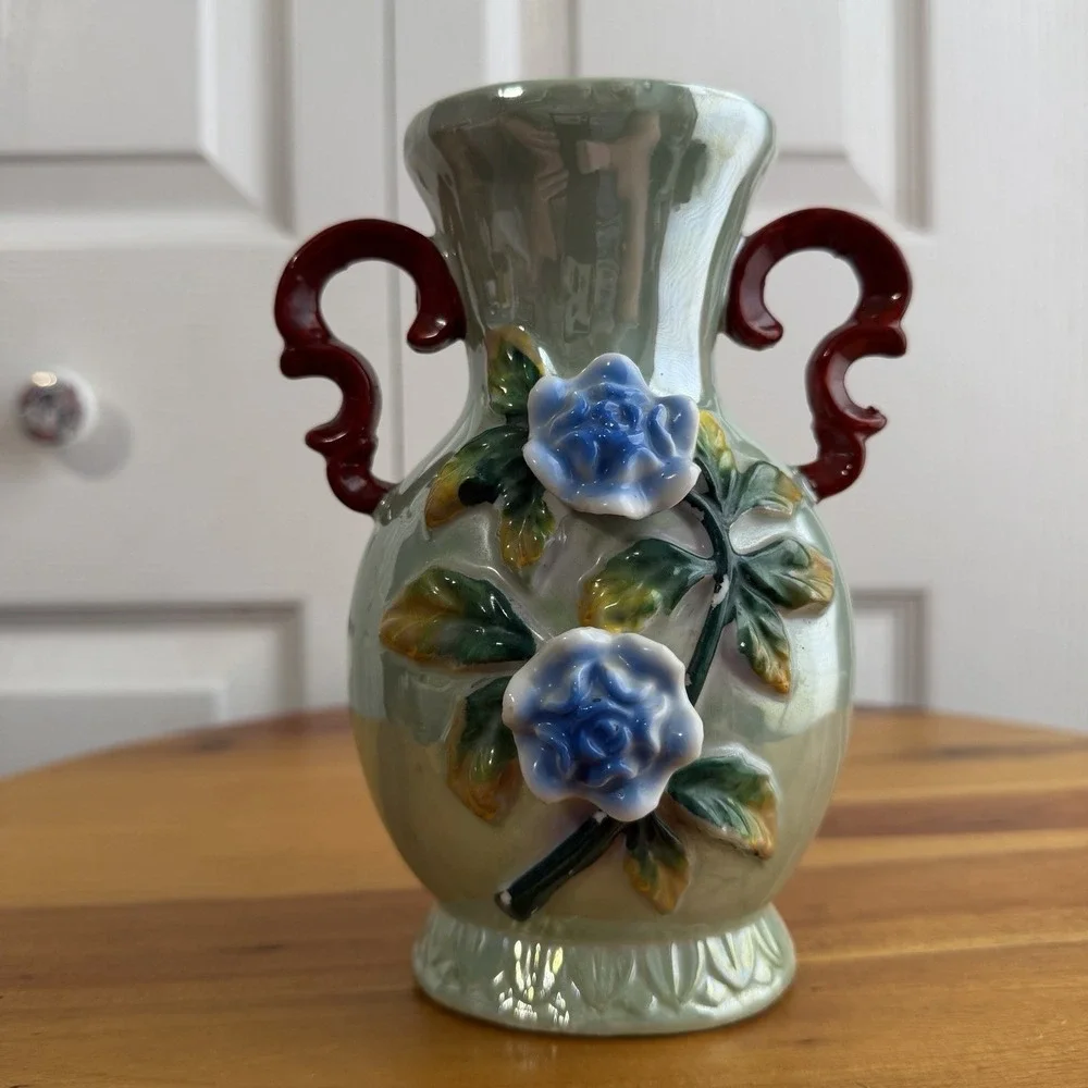 Vintage Lusterware Japan 3D Floral Multicolor Vase Grannycore Collectible Gifts